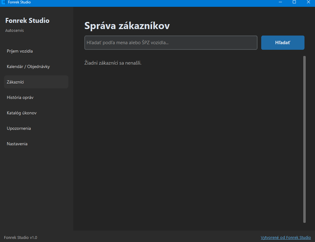 Obrazovka správy zákazníkov v aplikácii Fonrek Studio